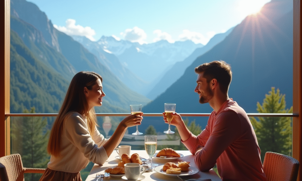 Couple dégustant un petit déjeuner de luxe avec vue sur les Alpes