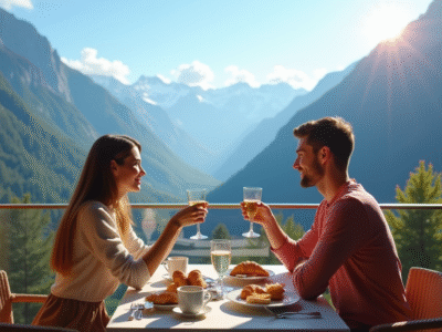 Couple dégustant un petit déjeuner de luxe avec vue sur les Alpes