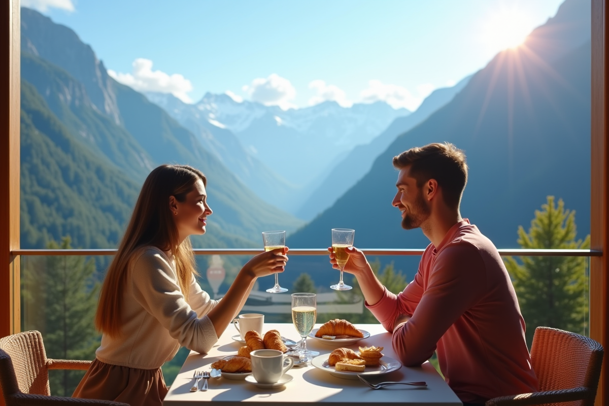 Couple dégustant un petit déjeuner de luxe avec vue sur les Alpes