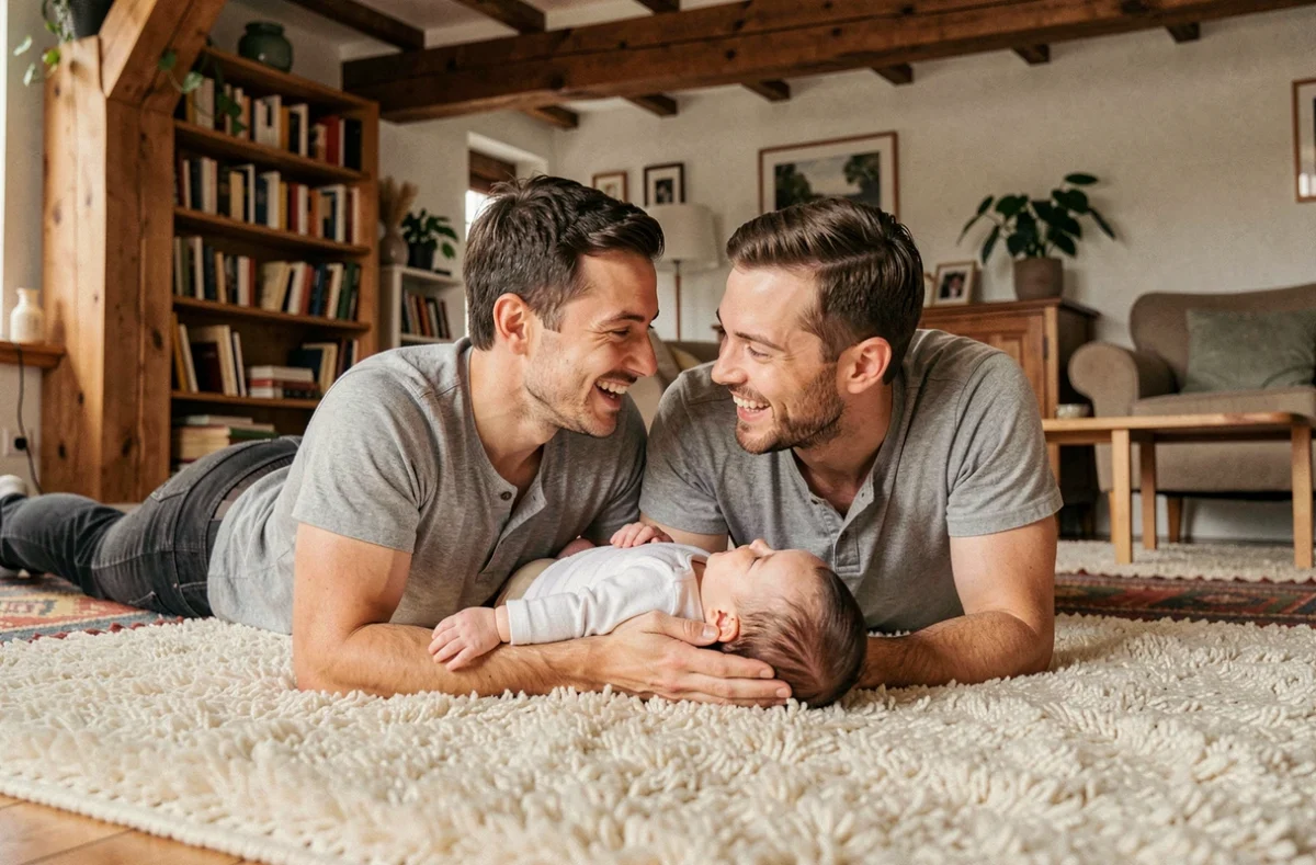 Père et son bébé complices sur un tapis lors d'une séance photo famille à Toulouse