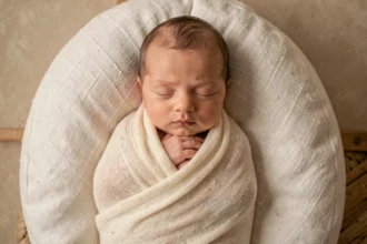 Nouveau-né endormi dans un wrap crème dans un studio photo bébé à Toulouse