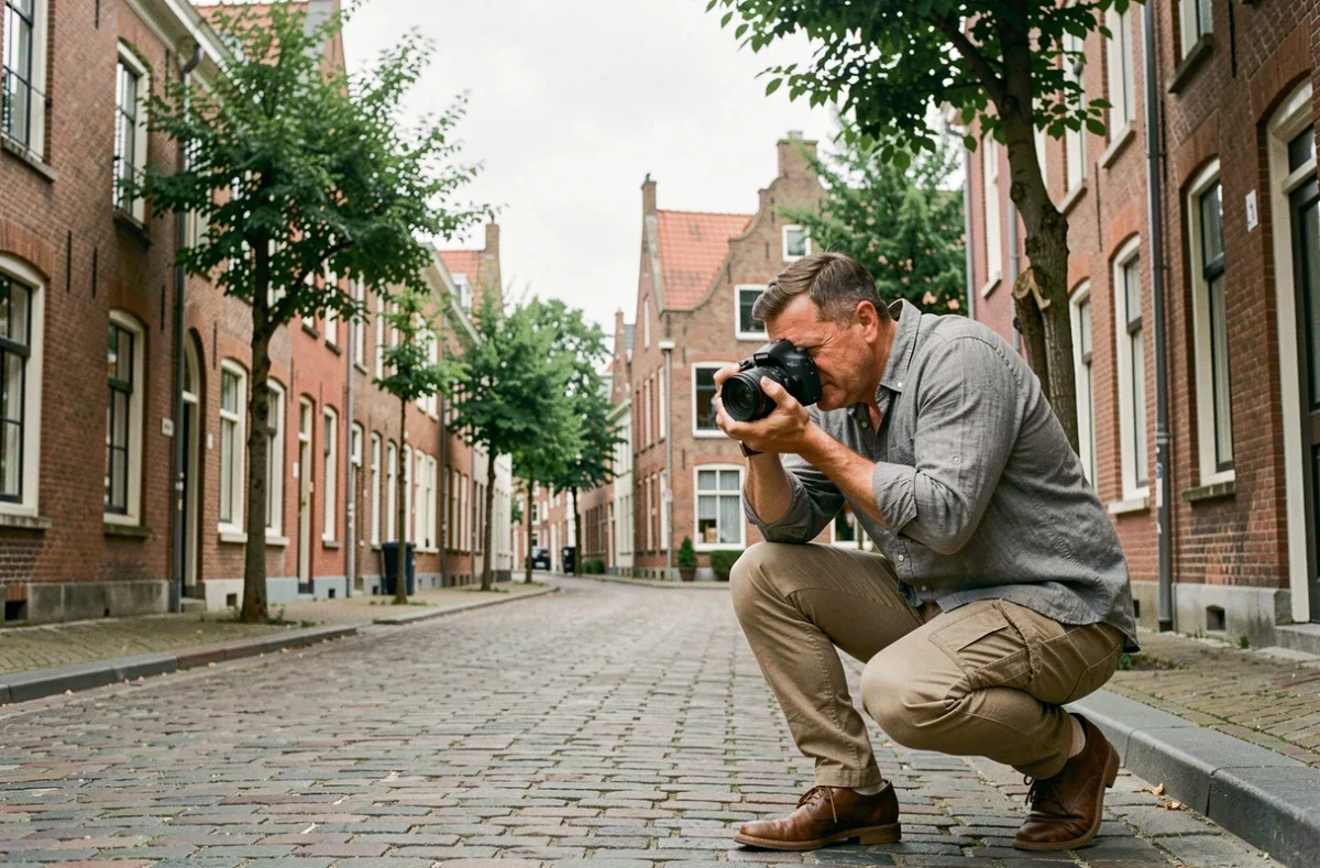 Photographe en plein air à Lambersart capturant une scène urbaine dans une rue pavée