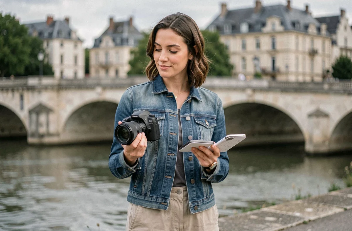Photographe professionnelle vérifiant son calendrier de réservations en plein air au bord de la Loire à Tours