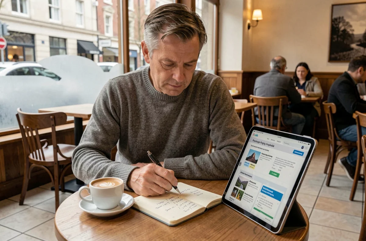 Photographe indépendant calculant ses revenus et évaluant ses tarifs dans un café urbain