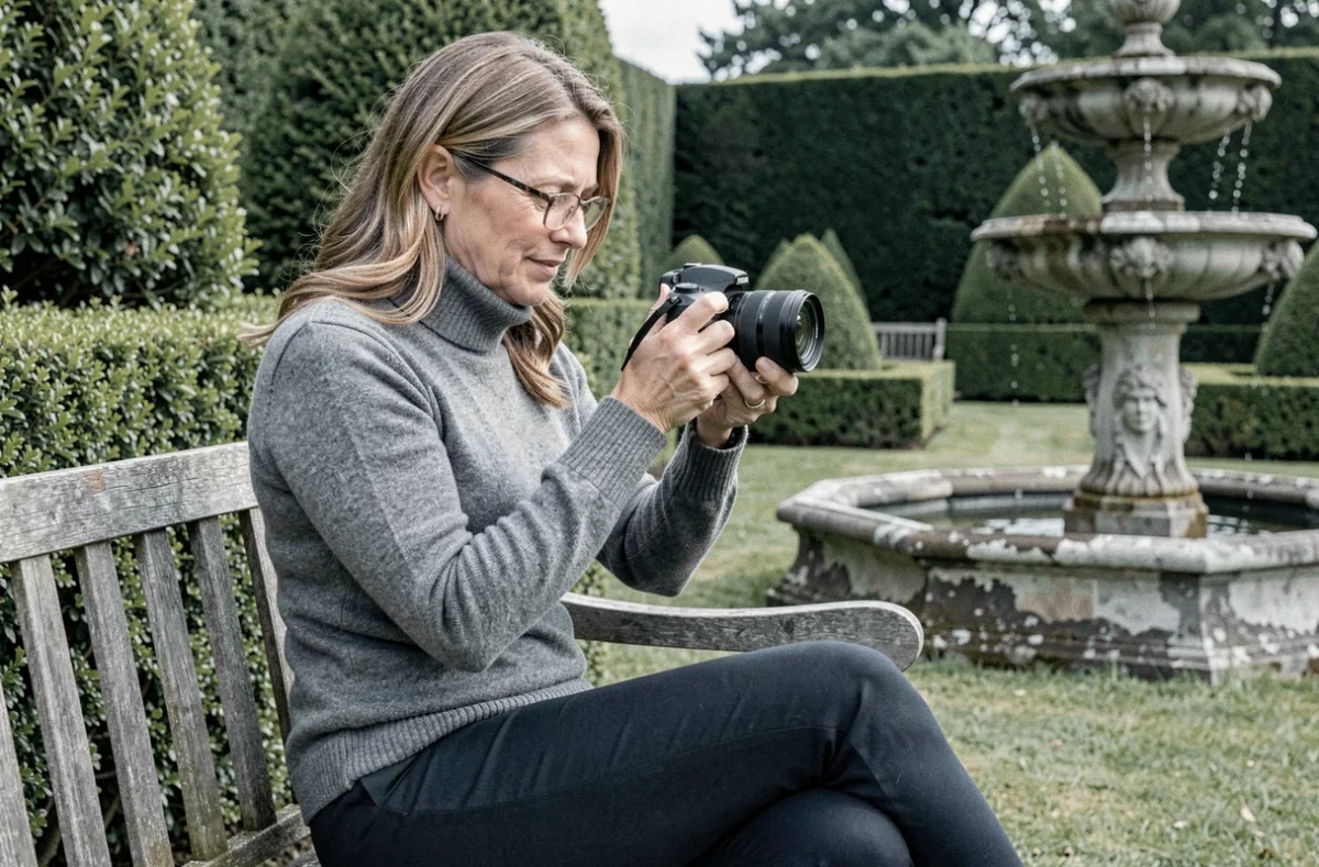 Photographe professionnelle révisant ses clichés dans un jardin à la française à Yerres, Essonne