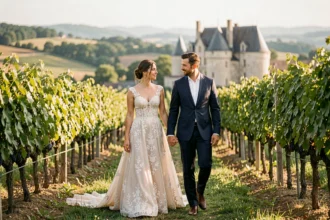 Couple de mariés se promenant dans un vignoble bordelais lors d'une séance photo de mariage en Nouvelle-Aquitaine