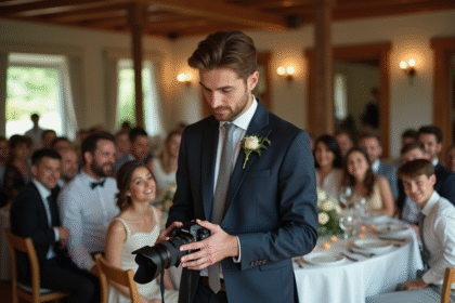 Jeune photographe de mariage avec objectifs en main