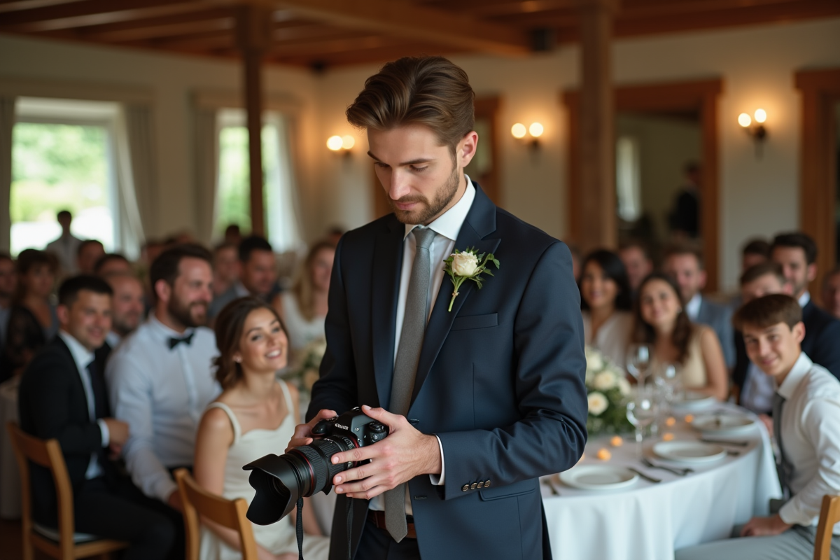 Jeune photographe de mariage avec objectifs en main