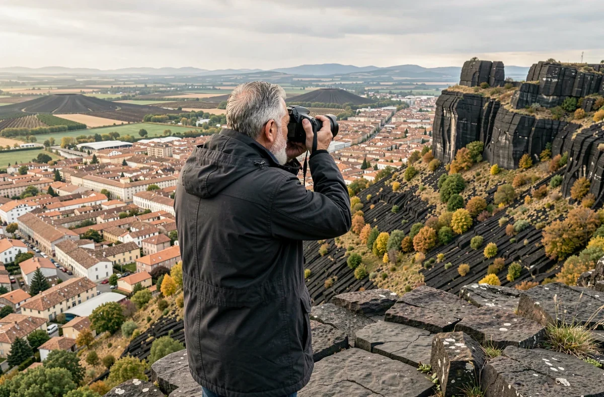 Photographe paysagiste capturant la vue panoramique sur le Puy-en-Velay et le rocher Saint-Michel d'Aiguilhe