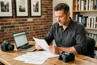 Photographe professionnel analysant ses tarifs et factures sur son bureau dans un studio moderne