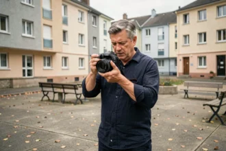 Photographe professionnel réglant son appareil photo dans une place publique de banlieue parisienne, illustrant une séance photo à Sarcelles