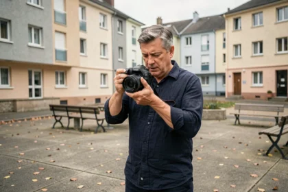 Photographe professionnel réglant son appareil photo dans une place publique de banlieue parisienne, illustrant une séance photo à Sarcelles