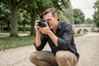Photographe professionnel en action dans le parc de Yerres, capturant des moments en plein air avec son appareil photo DSLR