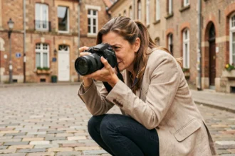 Photographe professionnelle en extérieur dans une rue pavée du Douaisis, tenant son appareil photo reflex