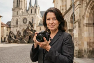 Photographe professionnelle au Puy-en-Velay tenant son appareil photo devant la cathédrale Notre-Dame