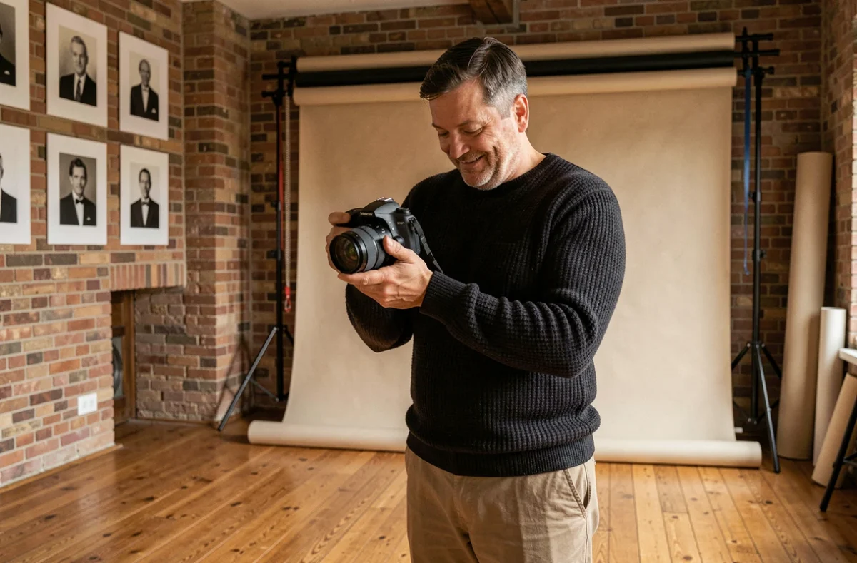 Photographe de studio dans le Douaisis examinant ses photos dans un atelier décoré de portraits encadrés