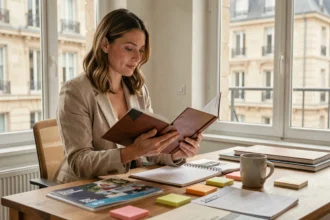 Photographe professionnelle à Tours consultant son agenda pour planifier des réservations plusieurs mois à l'avance