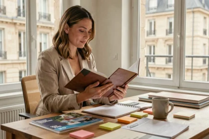 Photographe professionnelle à Tours consultant son agenda pour planifier des réservations plusieurs mois à l'avance