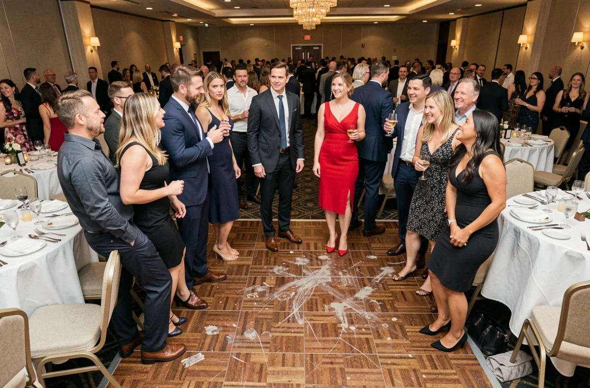 Groupe d'invités à l'étroit sur une piste de danse trop petite lors d'une réception bondée avec tables et chaises en périphérie