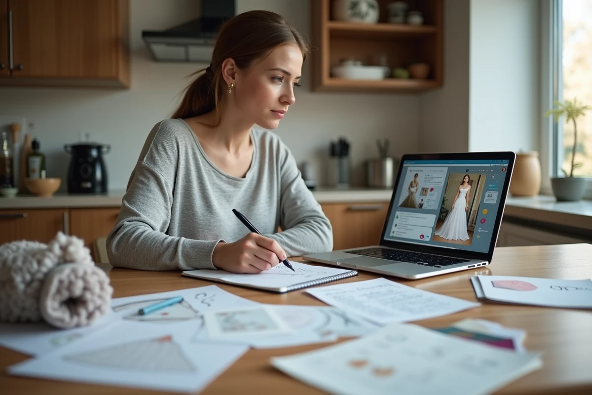 Femme planifiant son budget robe de mariée avec cahier de notes et échantillons de tissu sur une table