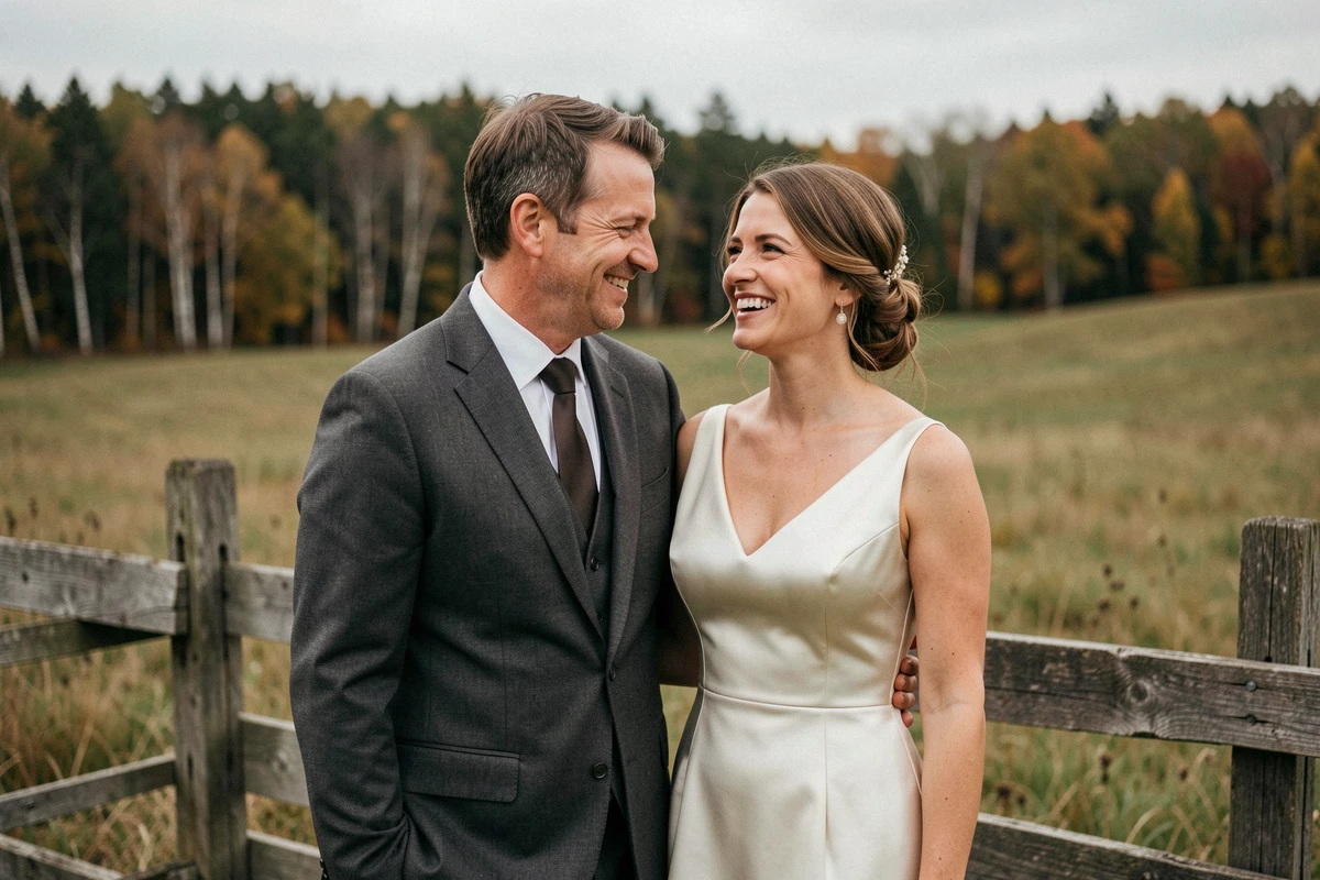 Portrait de couple lors d'une séance photo de mariage à la campagne québécoise avec champs et arbres en arrière-plan