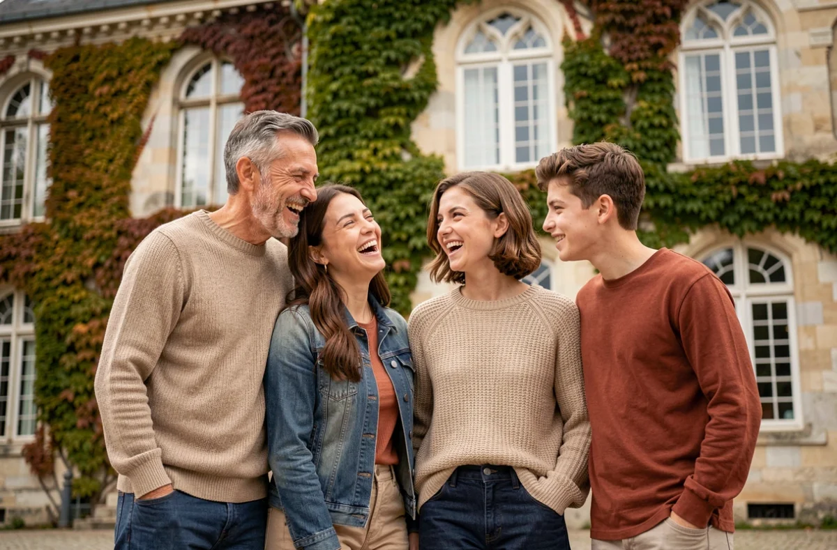 Portrait de famille devant le Château de Yerres lors d'une séance photo professionnelle en automne
