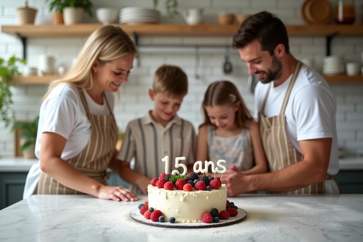 Famille préparant un gâteau d'anniversaire pour les 15 ans de mariage dans une cuisine familiale