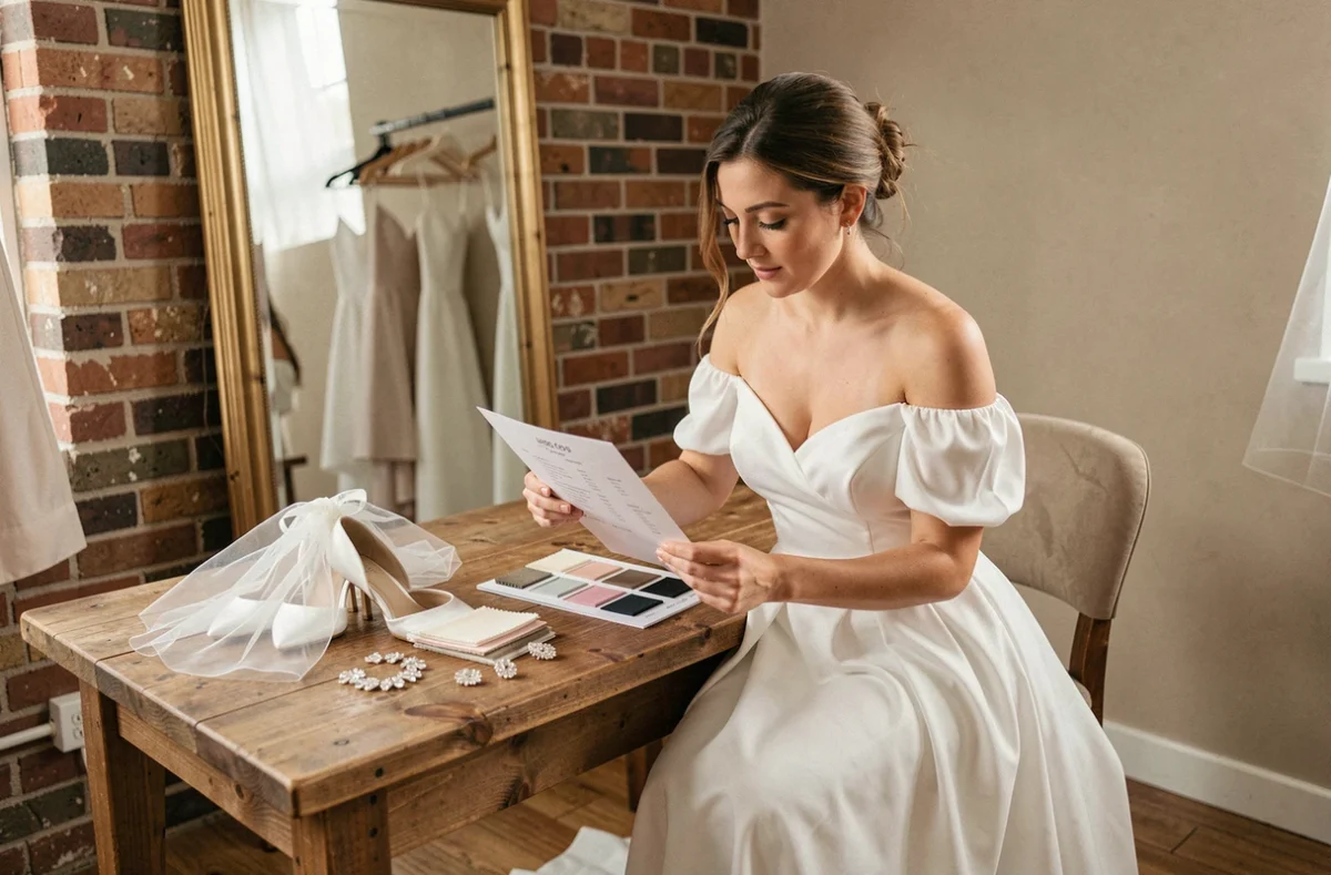 Femme en robe de mariée en mousseline consultant un devis avec des accessoires de mariage disposés sur une table en bois