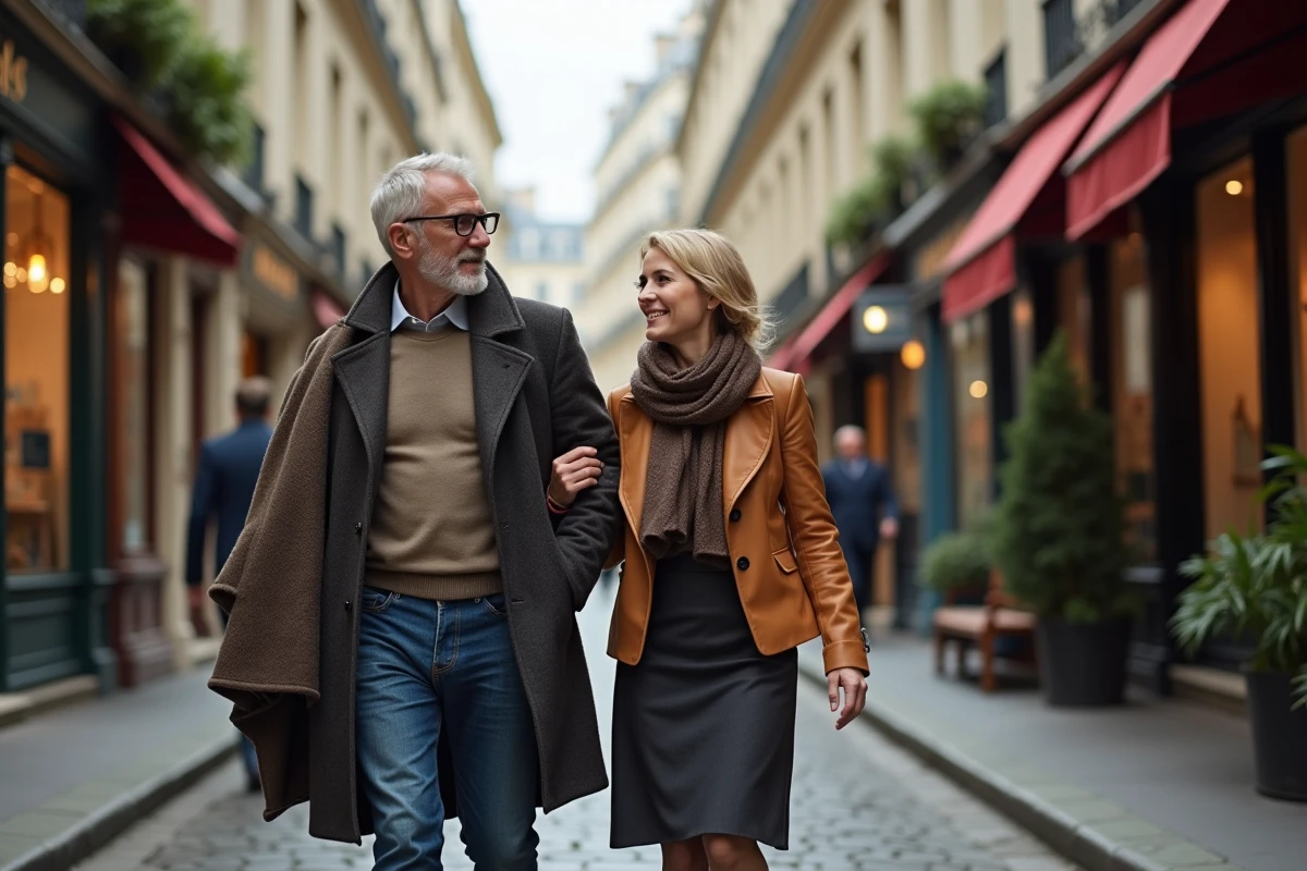 Couple marchant dans une rue parisienne animée et authentique