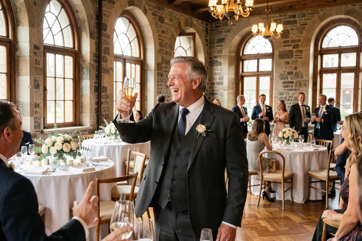 Réception de mariage intérieure dans une salle patrimoniale de Montréal avec invités élégants portant un toast au champagne