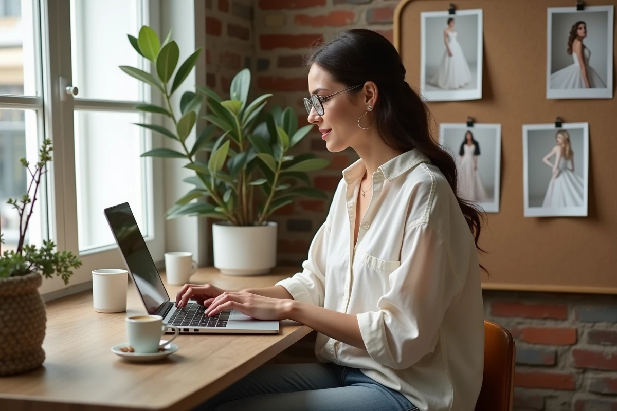 Femme cherchant une robe de mariée bohème pas cher sur internet depuis son bureau à domicile