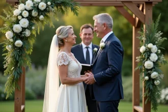 Couple renouvelant leurs vœux de mariage dans un jardin fleuri avec arche de roses blanches