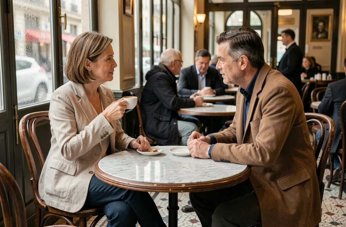 Couple discutant paisiblement dans un café parisien illustrant la frontière entre curiosité médiatique et respect de l'intimité