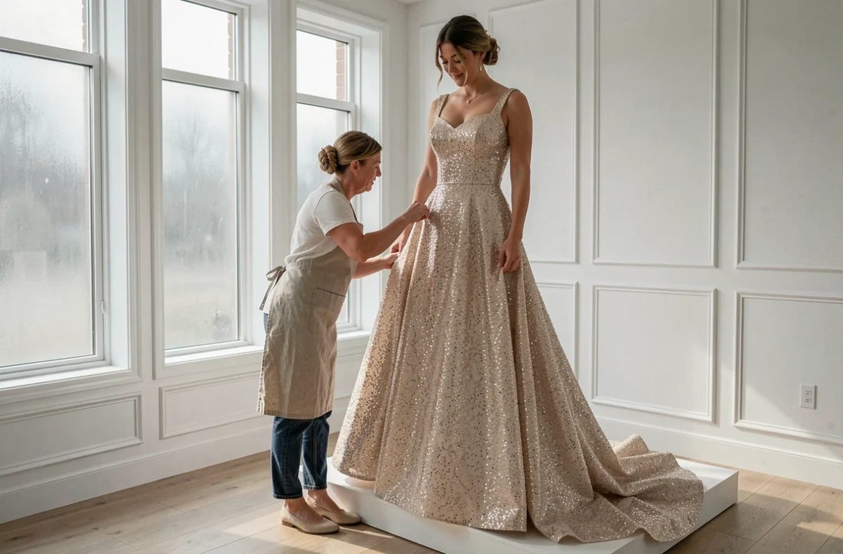 Couturière épinglant l'ourlet d'une robe de mariée princesse paillettes lors d'un essayage en boutique