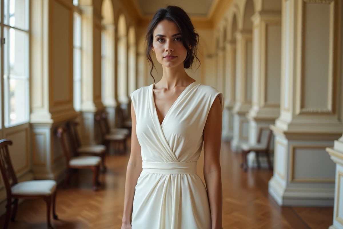 Femme portant une robe blanche courte à encolure cache-cœur pour un mariage civil dans une salle de mairie parisienne au parquet ancien