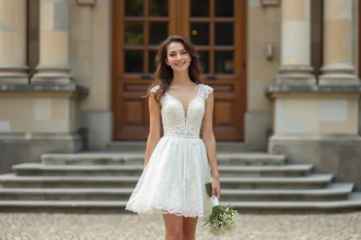 Femme en robe blanche courte coupe trapèze portée pour un mariage à la mairie, sur les marches d'un bâtiment en pierre