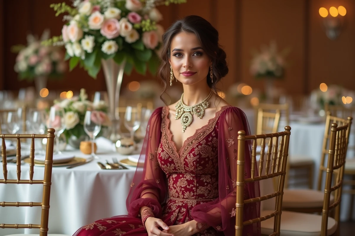 Femme en robe de cérémonie trop chargée avec accessoires qui créent un effet de style encombré lors d'un mariage