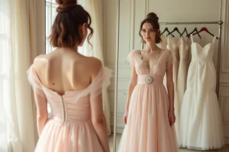 Femme essayant une robe de cérémonie mal ajustée devant un miroir en boutique de mariée