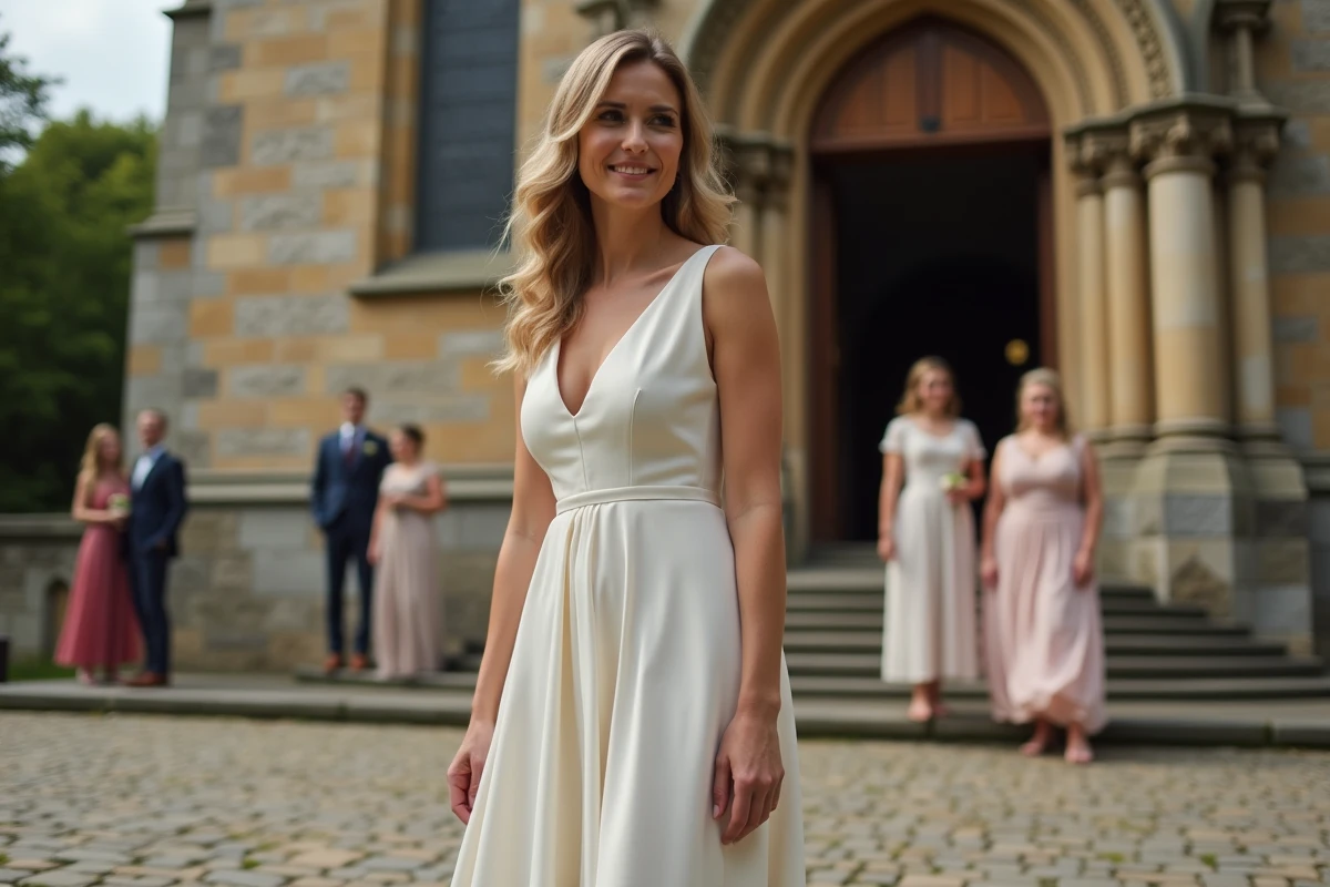 Femme portant une robe de cérémonie de mariage inadaptée au contexte formel devant une église historique