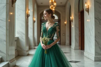 Jeune femme en robe de mariée verte dans un hall moderne