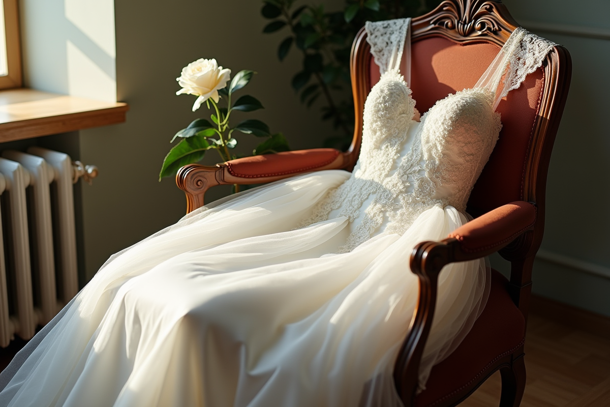 Robe de mariée vintage posée sur une chaise en bois avec une rose blanche
