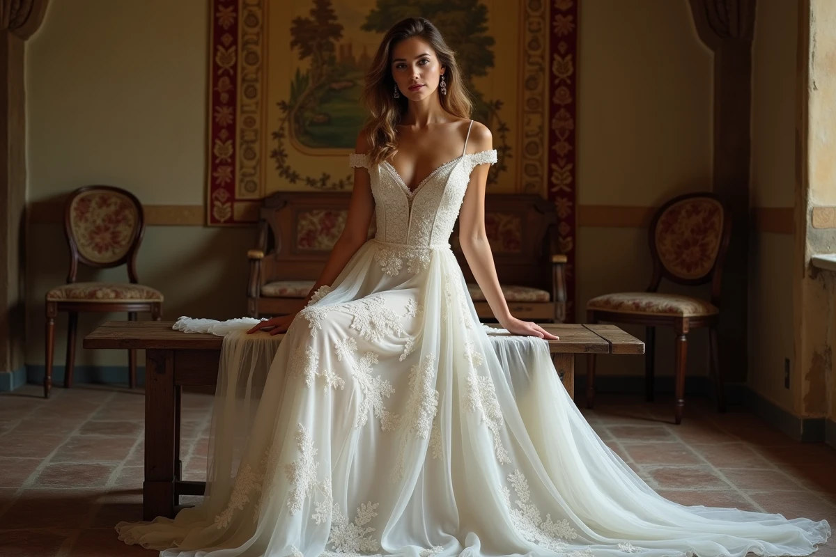 Mariée en robe longue en dentelle chantilly valorisant les courbes dans un château rustique français