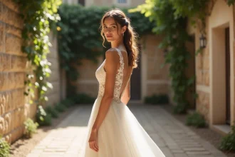 Femme en robe de mariée en dentelle ivoire à coupe en A dans une cour parisienne en pierre