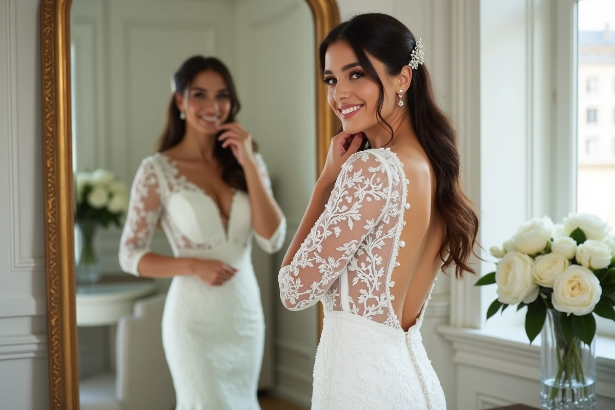 Mariée en robe de dentelle sirène devant un miroir doré dans un dressing luxueux