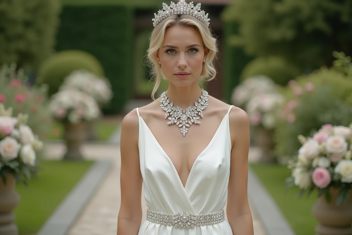 Mariée portant une robe blanche avec des accessoires mal assortis dans un jardin de cérémonie, exemple d'erreur de style pour un mariage