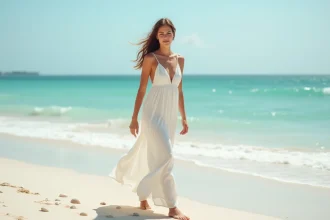 Mariée en robe de mariée blanche en mousseline marchant pieds nus sur la plage au bord de l'océan