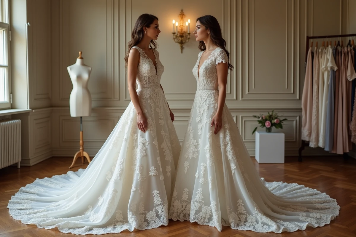 Deux femmes dans une salle de mariage élégante discutant d'une robe de cérémonie trop chargée en dentelle et broderies, erreurs de style à éviter
