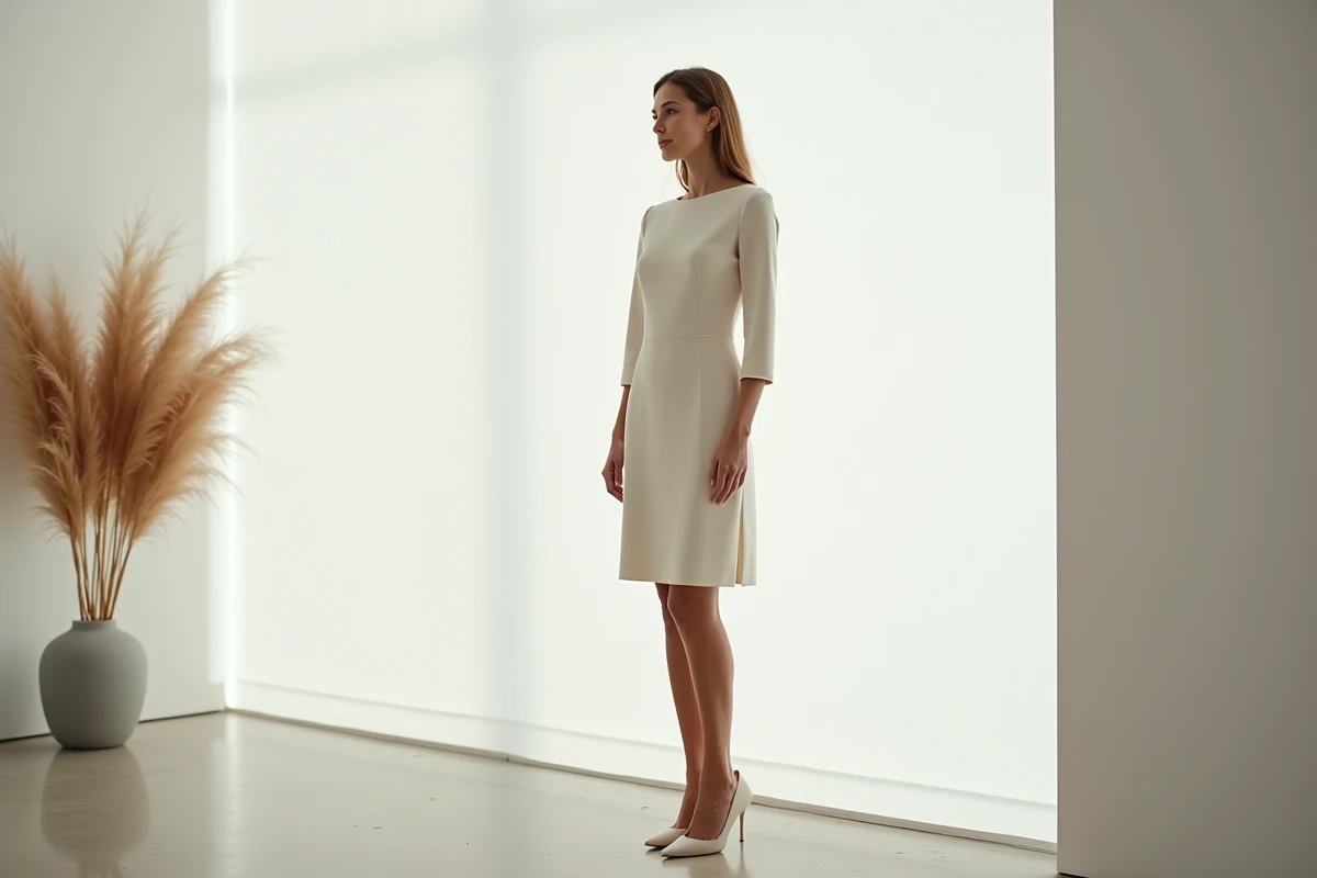 Mariée en robe courte en crêpe blanc cassé dans un intérieur minimaliste moderne