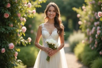 Femme portant une robe de mariage courte en dentelle ivoire dans un jardin fleuri