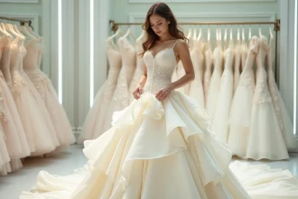 Mariée en robe de cérémonie mal ajustée avec trop de volants dans une boutique de mariage, illustrant les erreurs de style à éviter